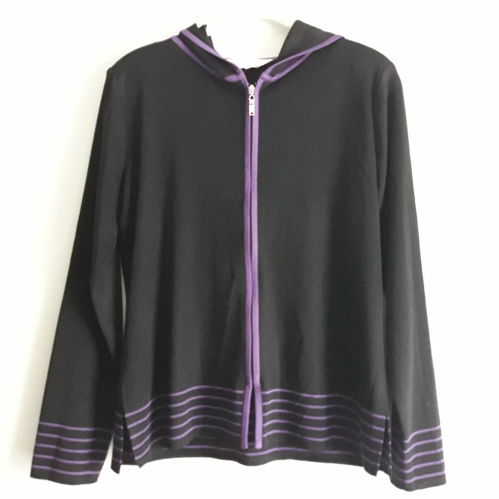 Exclusively Misook Womens XS Knit Full Zip Black Hoodie LS Cardigan Shoulder Pad